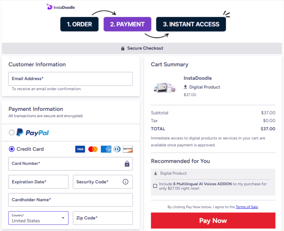 InstaDoodle USA Checkout 